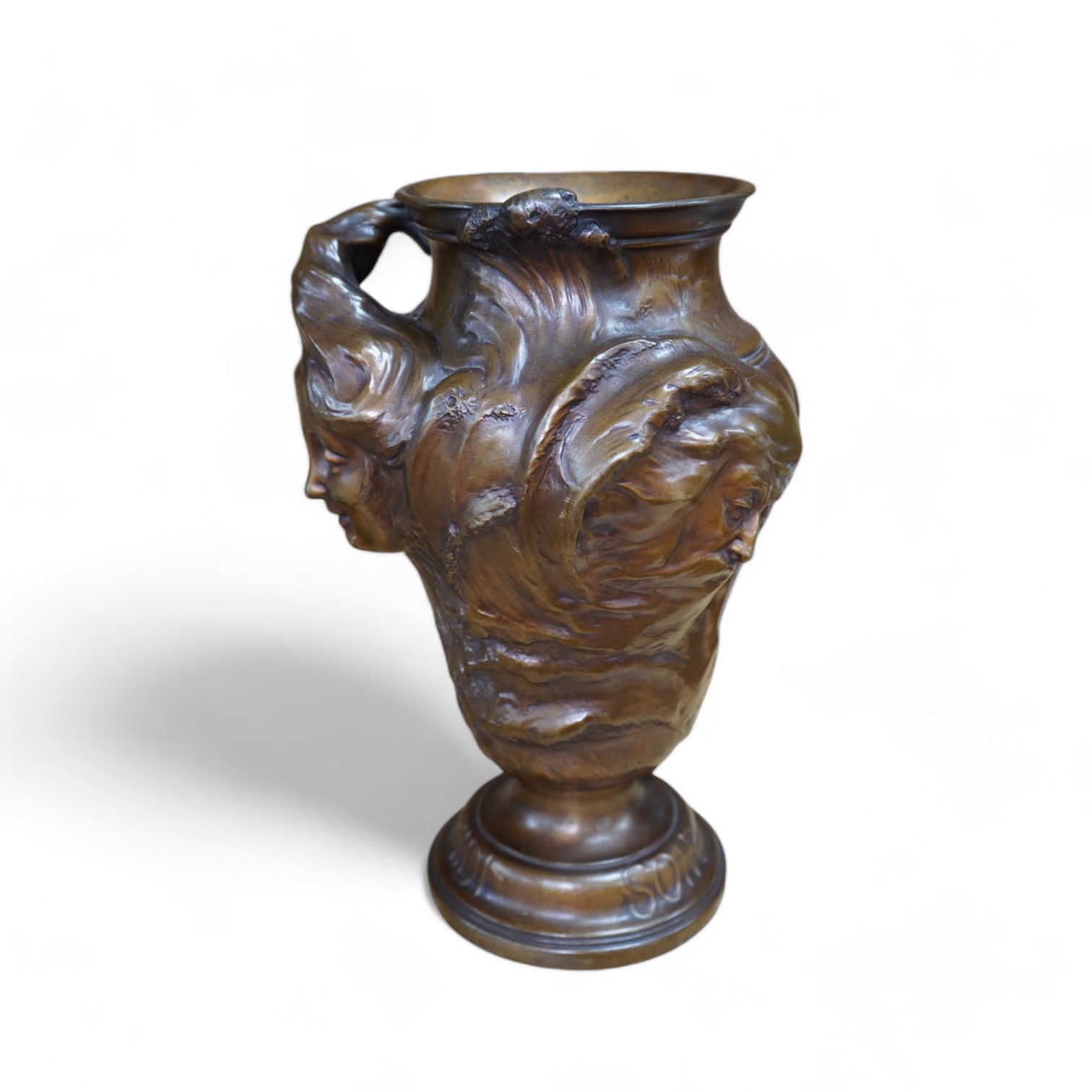 P. Legastelois. An Art Nouveau three sided figural bronze vase, MIDI, SOIR, MATIN written near base, 34cm high. Condition - good